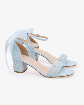 Light Blue Crochet Lace Block Heel Wedding Sandals with Back Satin Bow