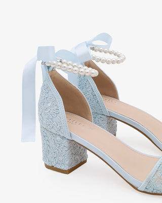 Light Blue Crochet Lace Block Heel Wedding Sandals with All Pearl Ankle Strap