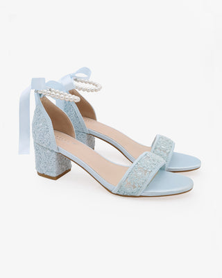 Light Blue Crochet Lace Block Heel Wedding Sandals with All Pearl Ankle Strap