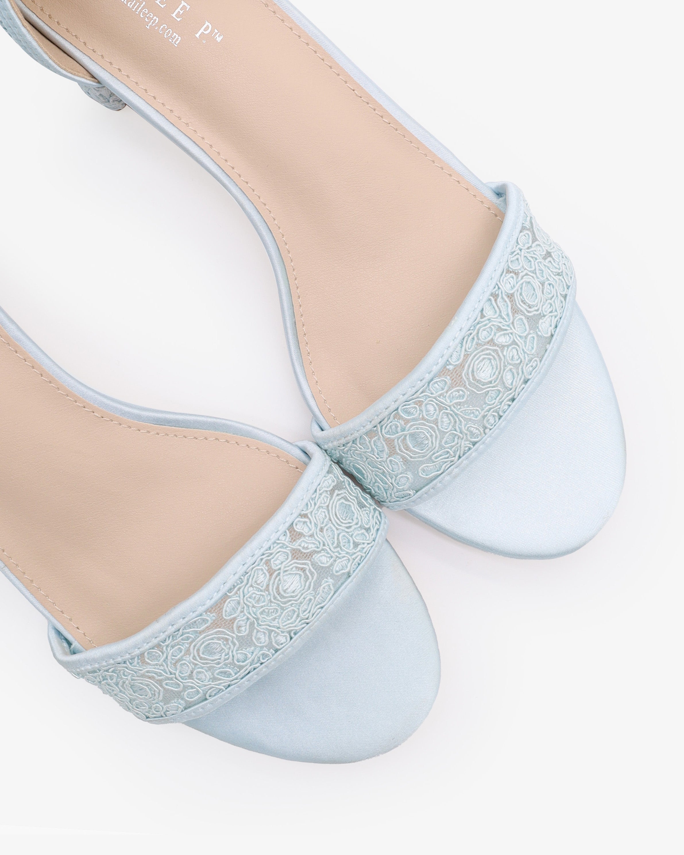 light blue dress shoes for women Crochet Lace Block Heel Wedding Sandals with Back Bow, Bridal Heel