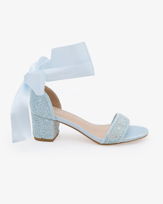 Light Blue Crochet Lace Block Heel Wedding Sandals with Wrapped Satin Ankle Tie