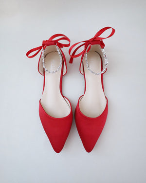 Satin Pointy Toe Evening Flats with Amaryllis Strap