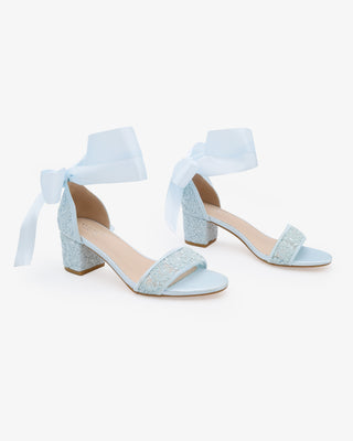 Light Blue Crochet Lace Block Heel Wedding Sandals with Wrapped Satin Ankle Tie