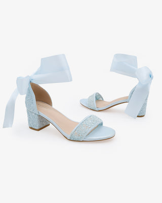 Light Blue Crochet Lace Block Heel Wedding Sandals with Wrapped Satin Ankle Tie