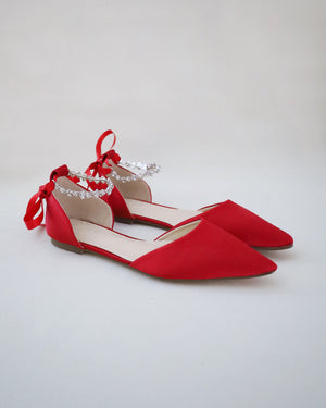 Satin Pointy Toe Evening Flats with Amaryllis Strap