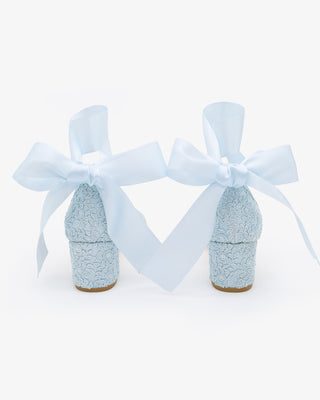 Light Blue Crochet Lace Block Heel Wedding Sandals with Wrapped Satin Ankle Tie