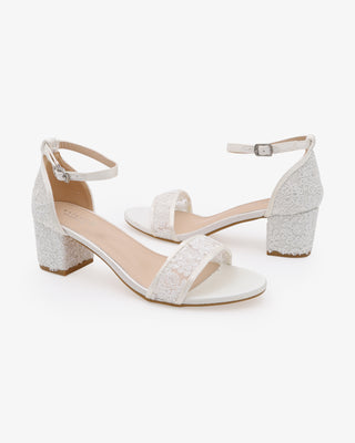 White Crochet Lace Block Heel Wedding Sandals and Ankle Strap
