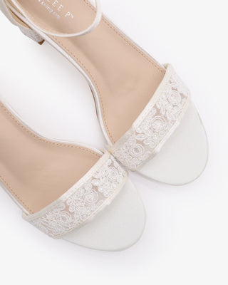White Crochet Lace Block Heel Wedding Sandals and Ankle Strap