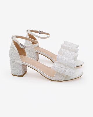 White Crochet Lace Block Heel Wedding Sandals with Oversized Crochet Lace Bow