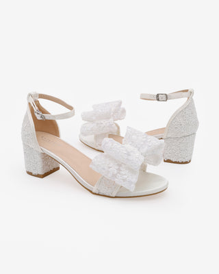 White Crochet Lace Block Heel Wedding Sandals with Oversized Crochet Lace Bow