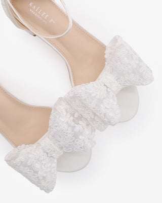 White Crochet Lace Block Heel Wedding Sandals with Oversized Crochet Lace Bow