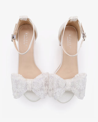 White Crochet Lace Block Heel Wedding Sandals with Oversized Crochet Lace Bow