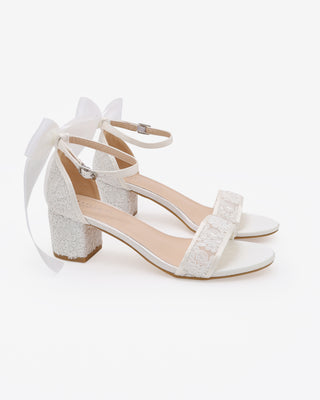 White Crochet Lace Block Heel Wedding Sandals with Back Satin Bow