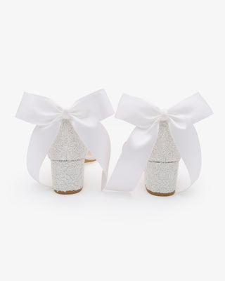 White Crochet Lace Block Heel Wedding Sandals with Back Satin Bow