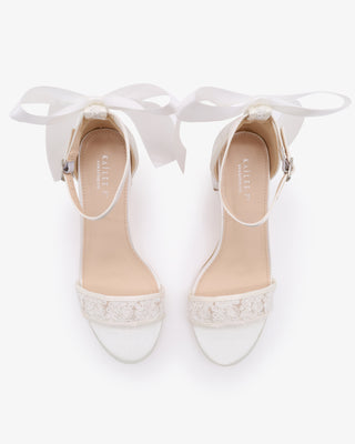 White Crochet Lace Block Heel Wedding Sandals with Back Satin Bow