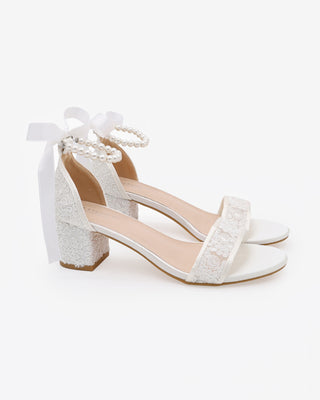 White Crochet Lace Block Heel Wedding Sandals with All Pearl Ankle Strap
