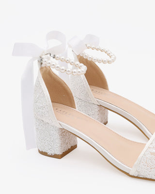 Crochet Lace Block Heel Wedding Sandals with All Pearl Ankle StrapWomen Shoes