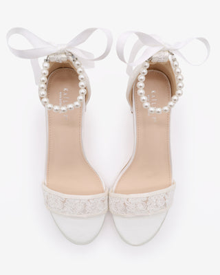 Crochet Lace Block Heel Wedding Sandals with All Pearl Ankle StrapWomen Shoes