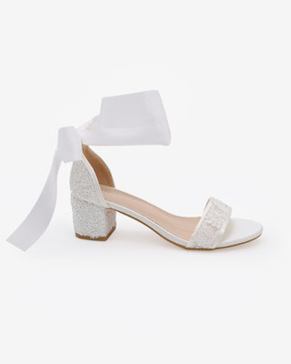 White Crochet Lace Block Heel Wedding Sandals with Wrapped Satin Ankle Tie