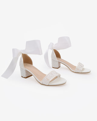 White Crochet Lace Block Heel Wedding Sandals with Wrapped Satin Ankle Tie
