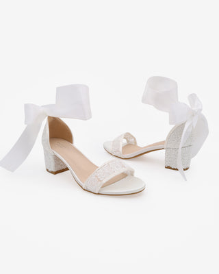 White Crochet Lace Block Heel Wedding Sandals with Wrapped Satin Ankle Tie