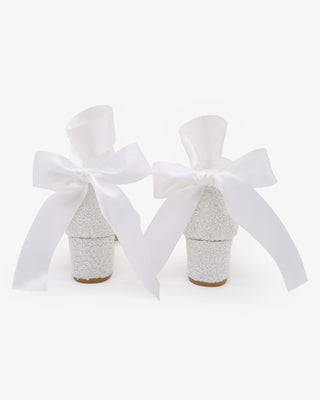 White Crochet Lace Block Heel Wedding Sandals with Wrapped Satin Ankle Tie