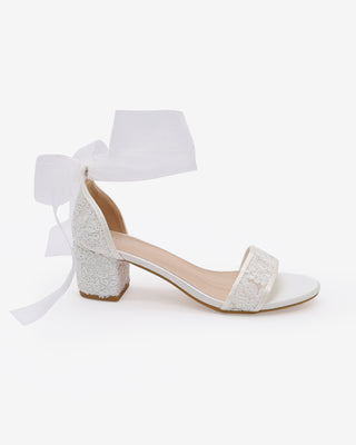 White Crochet Lace Block Heel Wedding Sandals with Wrapped Sheer Ankle Tie
