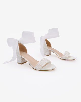 White Crochet Lace Block Heel Wedding Sandals with Wrapped Sheer Ankle Tie