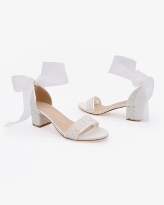 White Crochet Lace Block Heel Wedding Sandals with Wrapped Sheer Ankle Tie