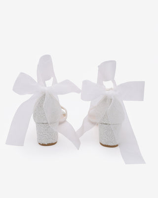 White Crochet Lace Block Heel Wedding Sandals with Wrapped Sheer Ankle Tie