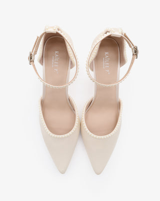 White Satin Wedding Heels with Mini Pearls