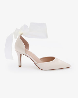 Ivory Satin Wedding Heels With Sheer Wrapped Ribbon Tie