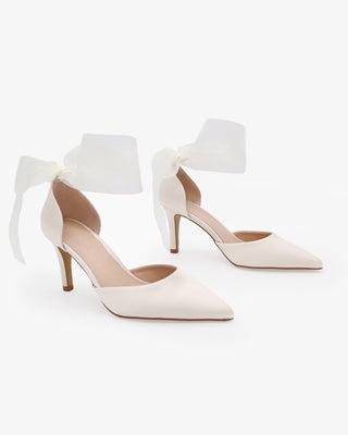 Ivory Satin Wedding Heels With Sheer Wrapped Ribbon Tie