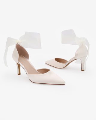 Ivory Satin Wedding Heels With Sheer Wrapped Ribbon Tie