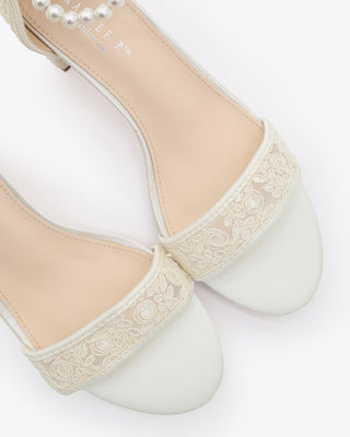Ivory Crochet Lace Block Heel Wedding Sandals with All Pearl Ankle Strap