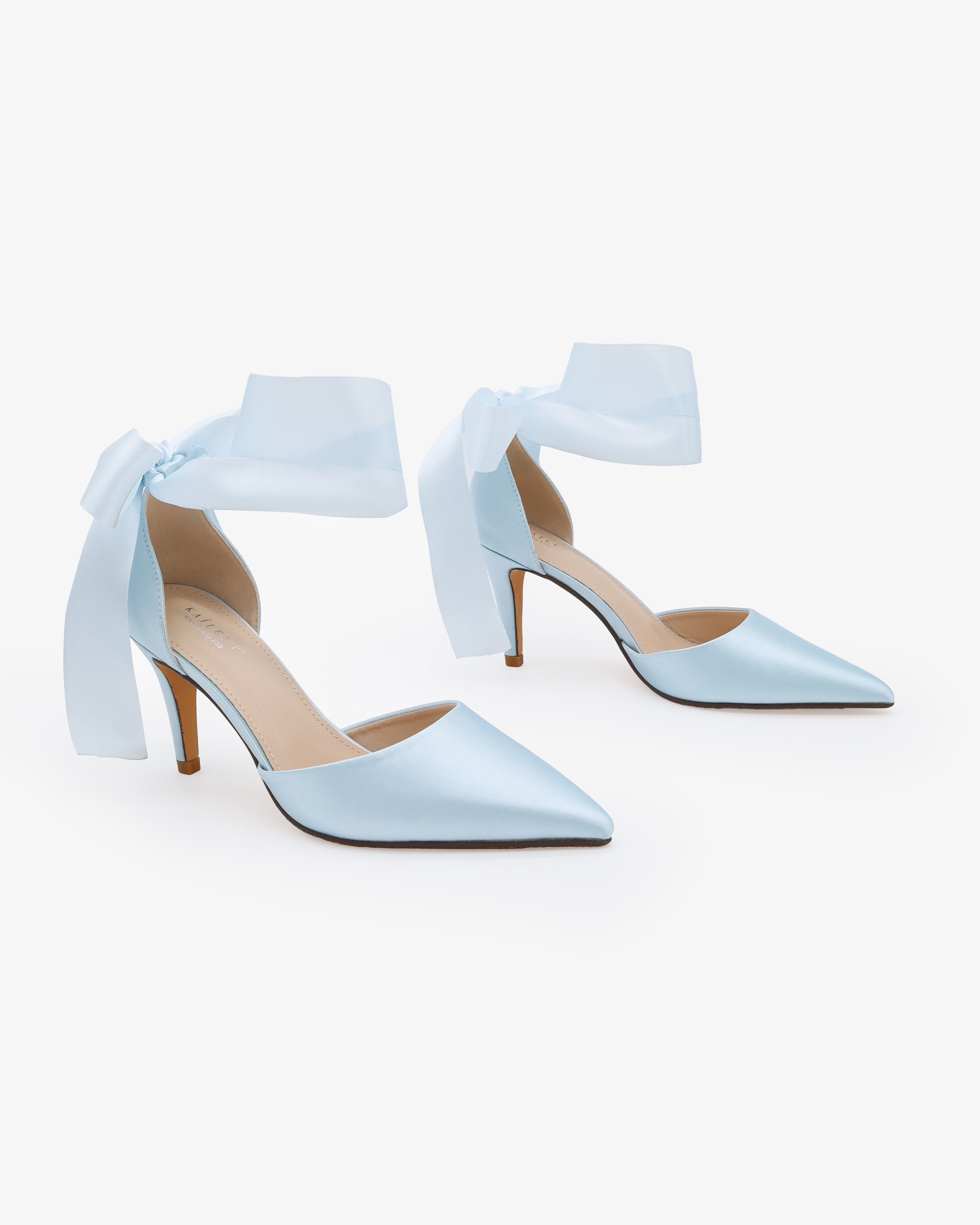 Light Blue Wedding Heels With Ankle Ribbon, Bridal Heel,Something Blue