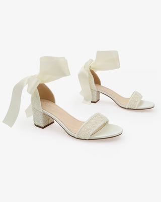 Crochet Lace Block Heel Wedding Sandals with Wrapped Ankle TieWomen Shoes
