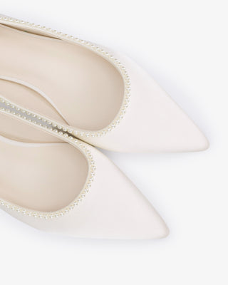 Ivory Satin Pointy Toe Block Heels Wedding Pumps with Mini Pearls, Bridal Shoes
