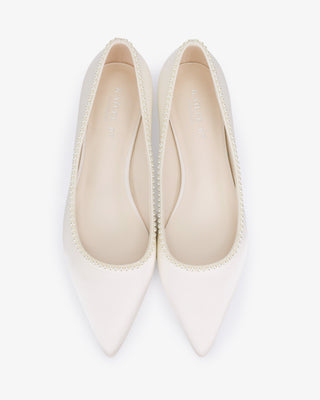 Ivory Satin Pointy Toe Block Heels Wedding Pumps with Mini Pearls, Bridal Shoes