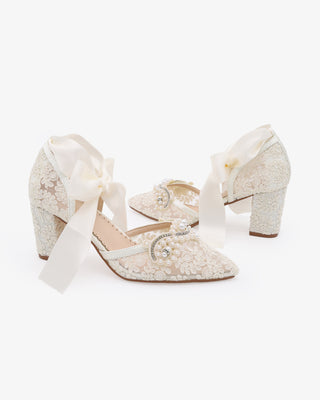 Ivory Lace Wedding Block Heel with Small Pearls Applique and Ankle Tie