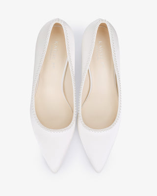 Satin Pointy Toe Block Heels Wedding Pumps with Mini PearlsWomen Shoes