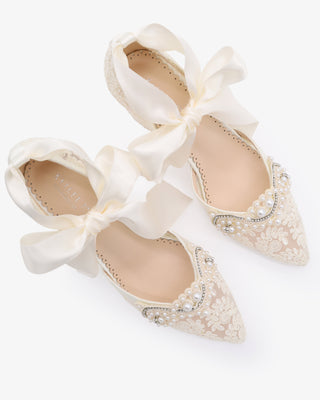 Ivory Lace Wedding Block Heel with Small Pearls Applique and Ankle Tie