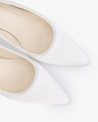 Satin Pointy Toe Block Heels Wedding Pumps with Mini PearlsWomen Shoes