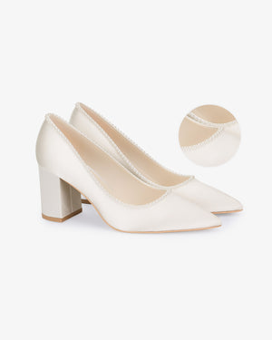 Satin Pointy Toe Block Heels Wedding Pumps with Mini Pearls