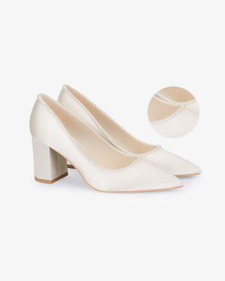 Ivory Satin Pointy Toe Block Heels Wedding Pumps with Mini Pearls, Bridal Shoes