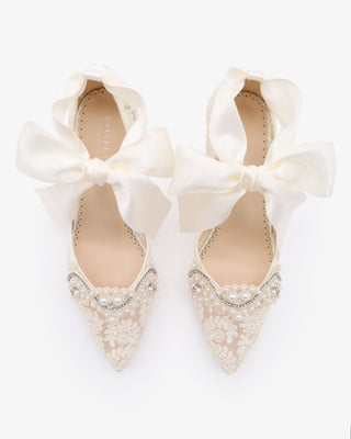 Ivory Lace Wedding Block Heel with Small Pearls Applique and Ankle Tie