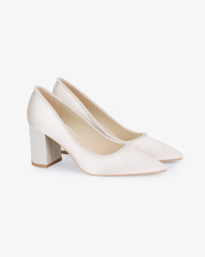 Satin Pointy Toe Block Heels Wedding Pumps with Mini Pearls