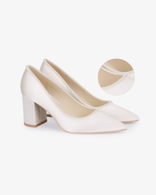 Satin Pointy Toe Block Heels Wedding Pumps with Mini PearlsWomen Shoes