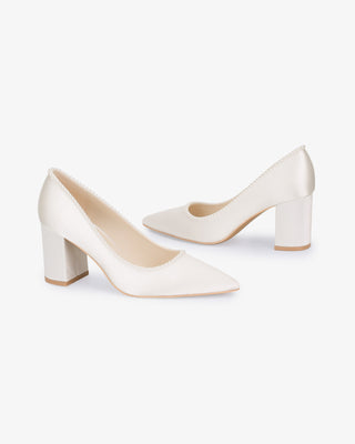 Ivory Satin Pointy Toe Block Heels Wedding Pumps with Mini Pearls, Bridal Shoes
