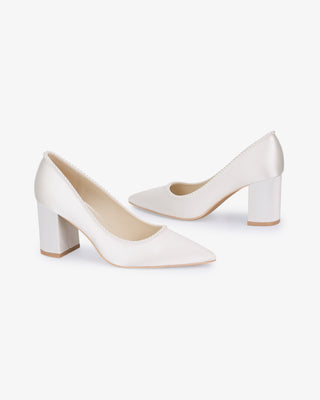 Satin Pointy Toe Block Heels Wedding Pumps with Mini PearlsWomen Shoes